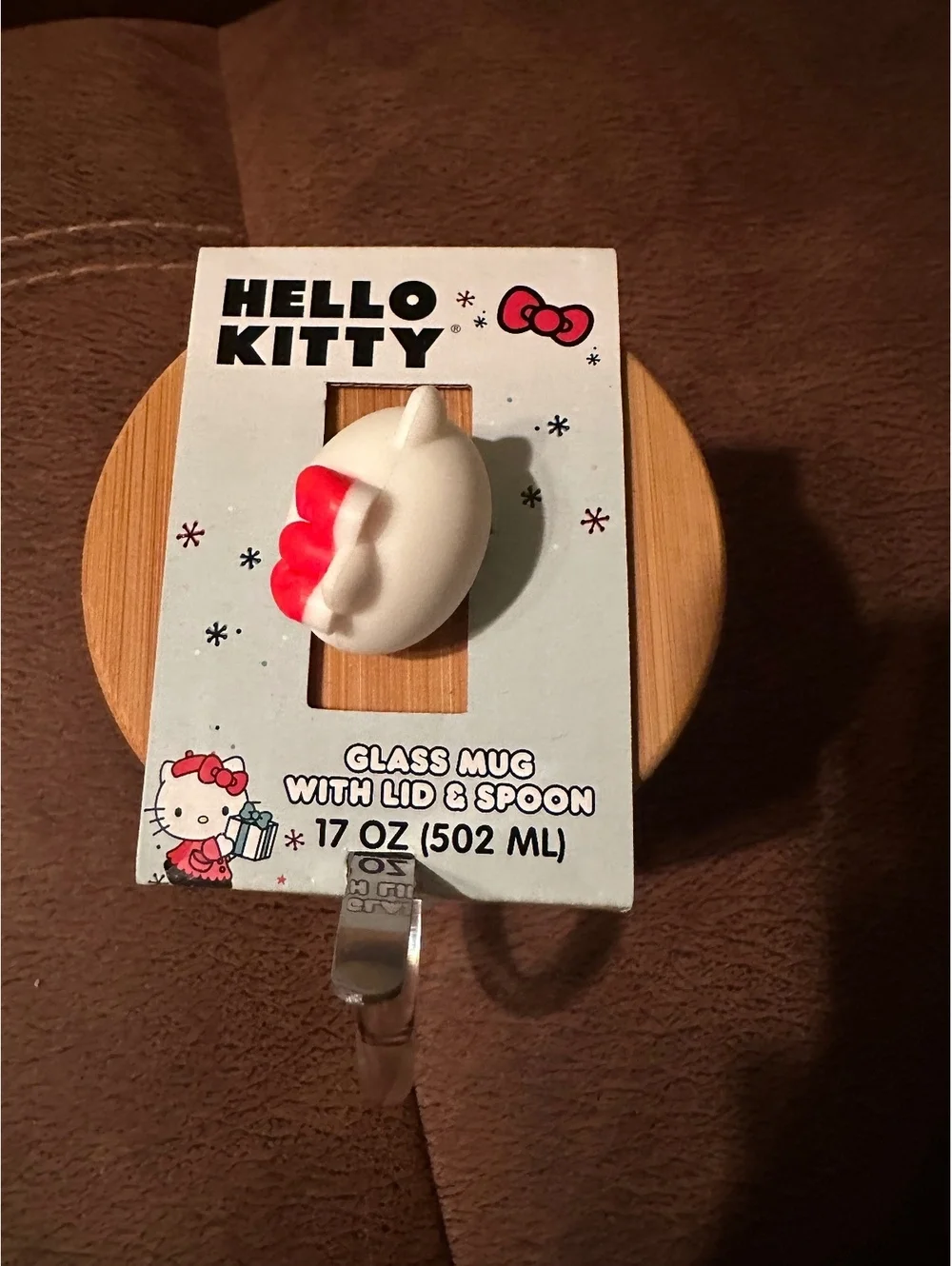 Hello Kitty Christmas Holiday Glass Mug with Wood Lid Topper & Spoon - 17 oz NIB